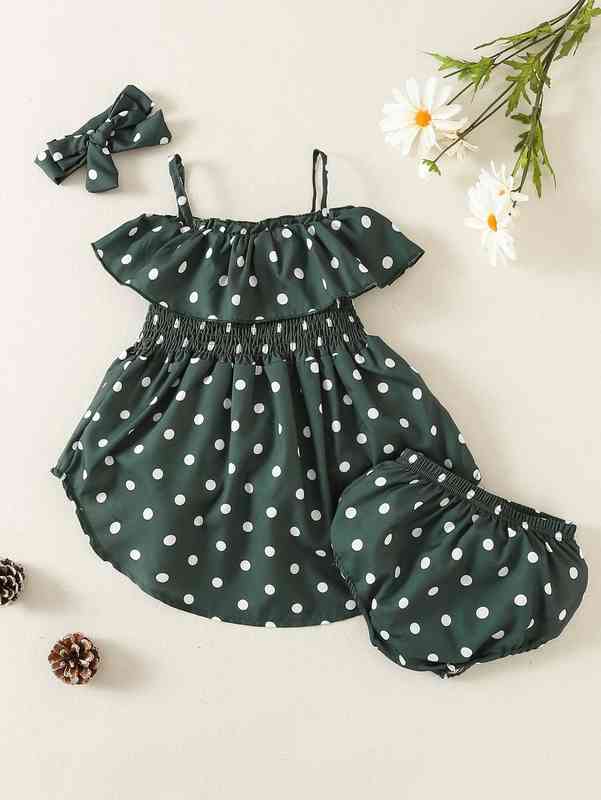 Baby Polka Dot Shirred Waist High Low Hem Dress & Shorts & Headband SHE