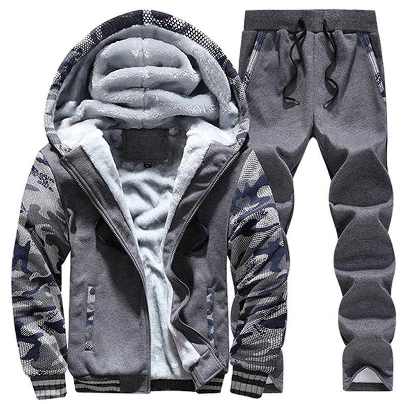 Winter Fleece Men Tracksuits Casual Set Plus Velvet Warm Sweater Suit Patchwork Camouflage Sportswear Men Clothing Plus Size 5XL 201210