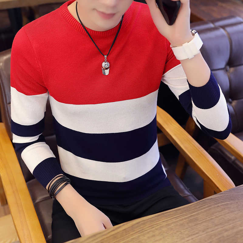 Casual Men Sweater Color Block Patchwork O Neck Long Sleeve Knitted Sweaters Top Blouse For Warm Men's Clothing Striped C251 210929