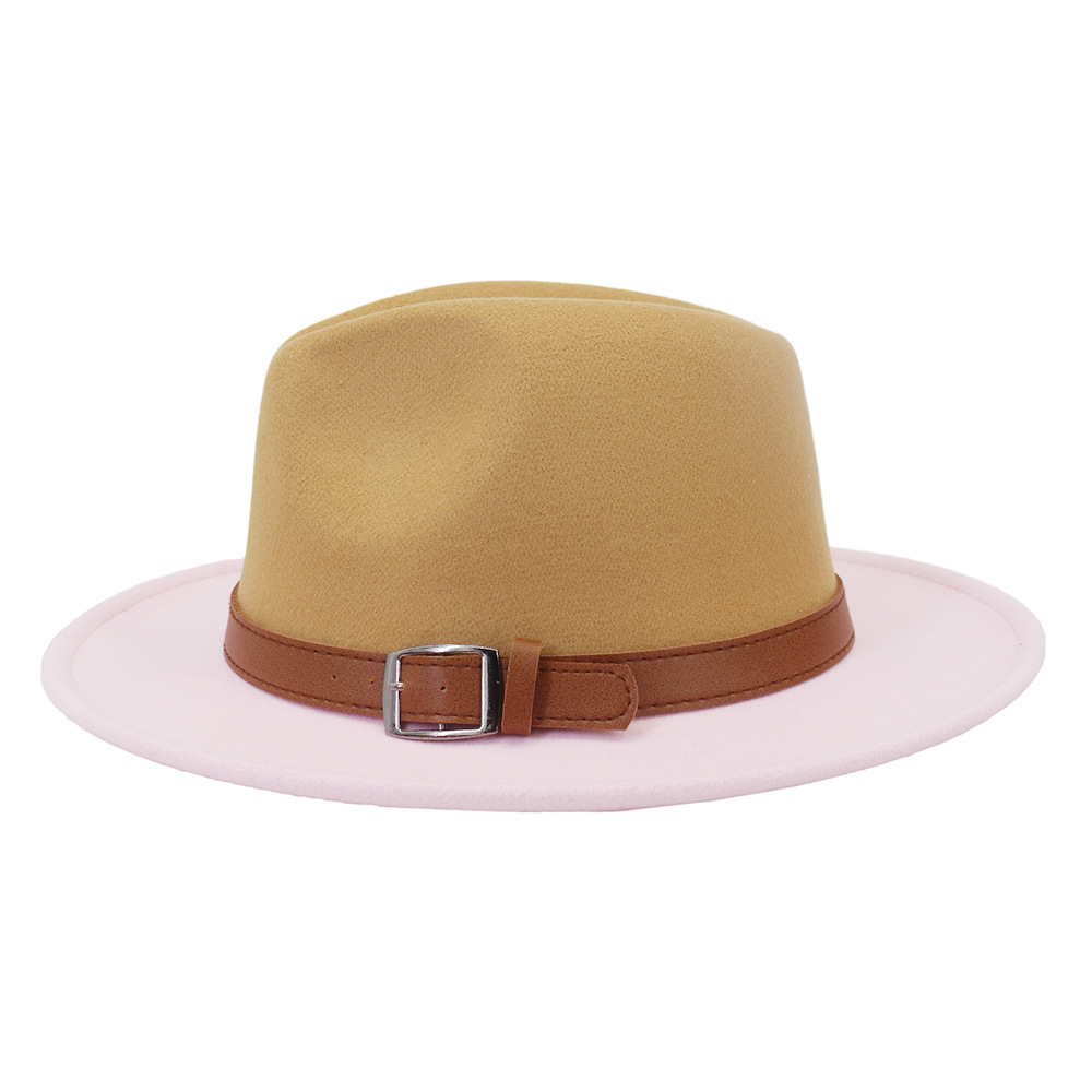 Trendy Camel and Pink Color Matching Fedora Hat Sombrero Panama Felt Jazz Cap Women Patchwork Party Formal Hat with Brown Belt