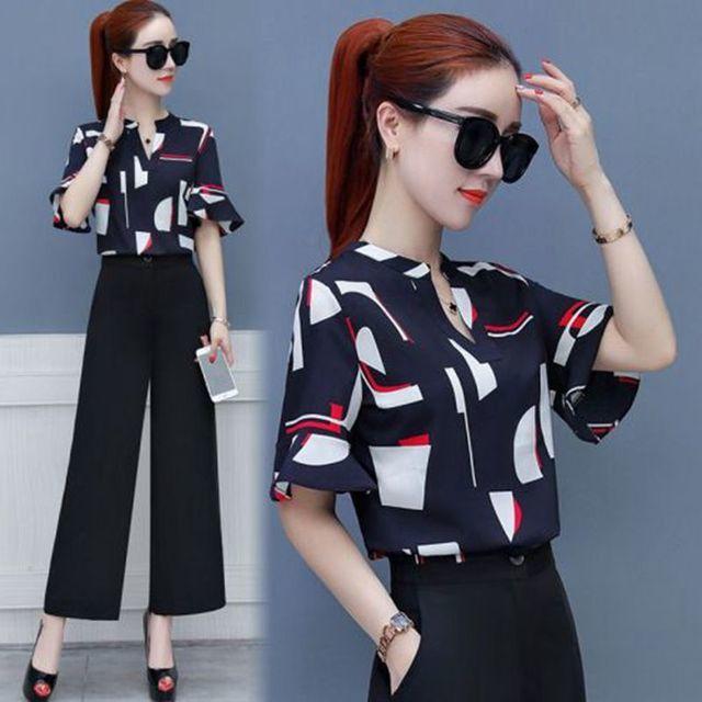 Women's Tracksuits Women Chiffon Pant Suits Casual Formal Elegant Office Lady Work Blouse Tops Wide Leg Pants Two Piece Set Outfits Femme Su