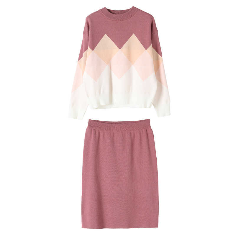 Yedinas O-Neck Pullover Sweater 2 Piece Sets Womens Outfits Two Set Skirt Elastic Waist Knitted Jumper Autumn Winter 210527