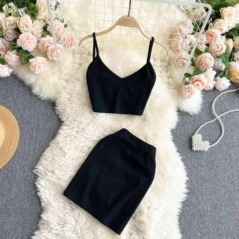 DEAT Women Two Piece Set High Elastic Waist Skirt V-neck Open Back Versatile Slim Vest Fashion Spring Summer 11B506 210709
