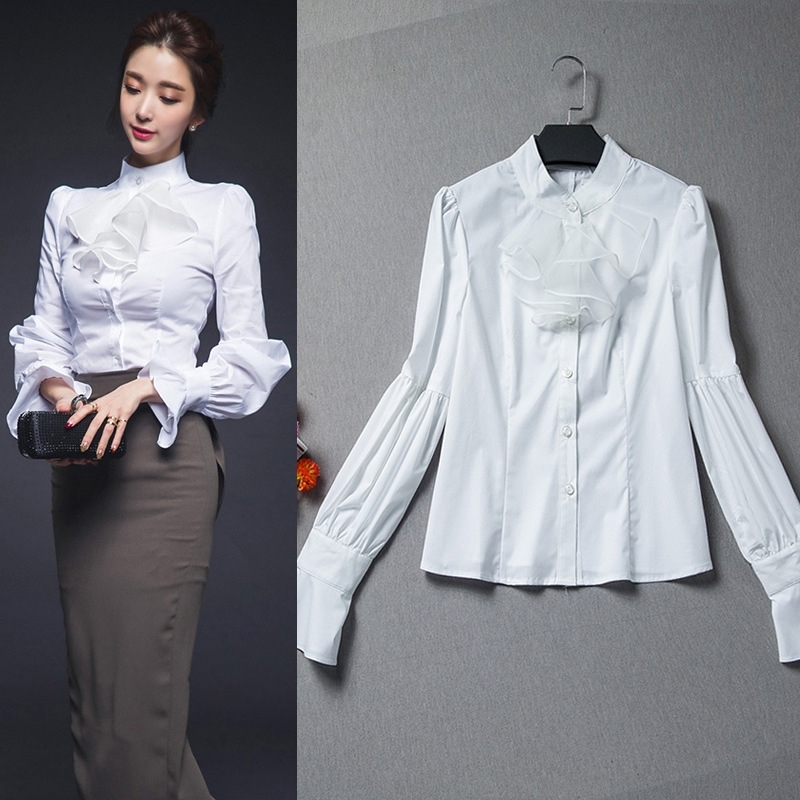 Slim Ruffles White Women Shirts Chiffon Flare Sleeve Blouse Female Blusas Lady Undershirt Tops Women Clothes RWS175021 210225