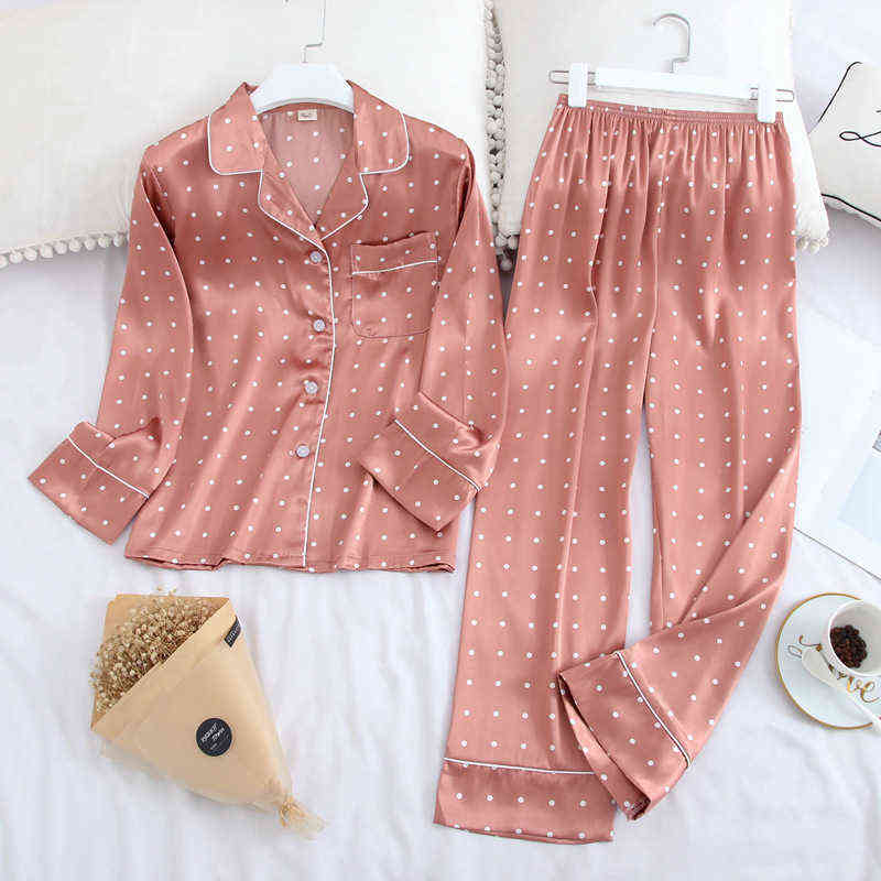 Ice Silk Satin Lapel Women Pajama Set Printing Fashion Pajamas Long Sleeve Pyjamas Set 211109