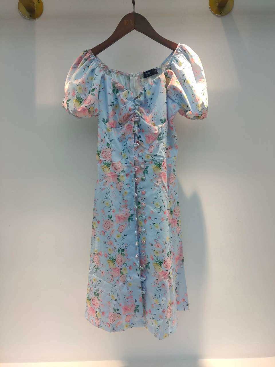 DEAT Spring Slash Neck Floral Printed Short Puff Sleeve Party Long Dress Women Button Sexy Dress Women Sexy Vestidos ML766 210709