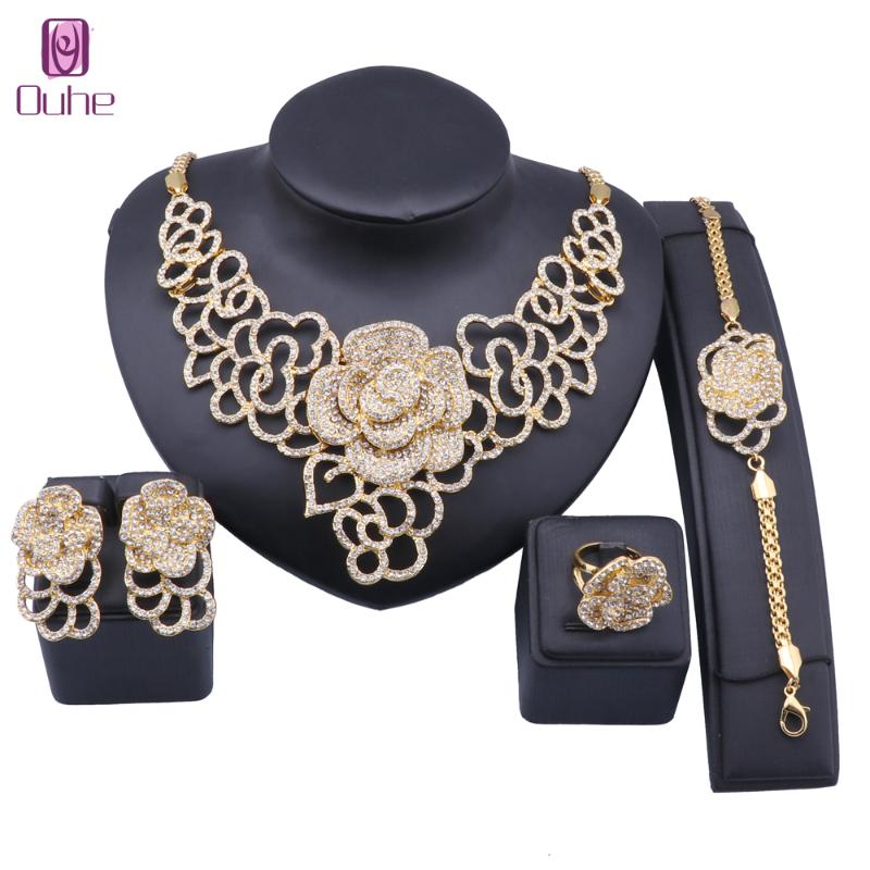 Earrings & Necklace Exquisite Dubai Gold Wedding Bridesmaid Crystal Rose Flower Bracelet Ring Party Costume Jewelry Set, Silver
Earrings & Necklace Exquisite Dubai Gold Wedding Bridesmaid Crystal Rose Flower Bracelet Ring Party Costume Jewelry Set, Silver