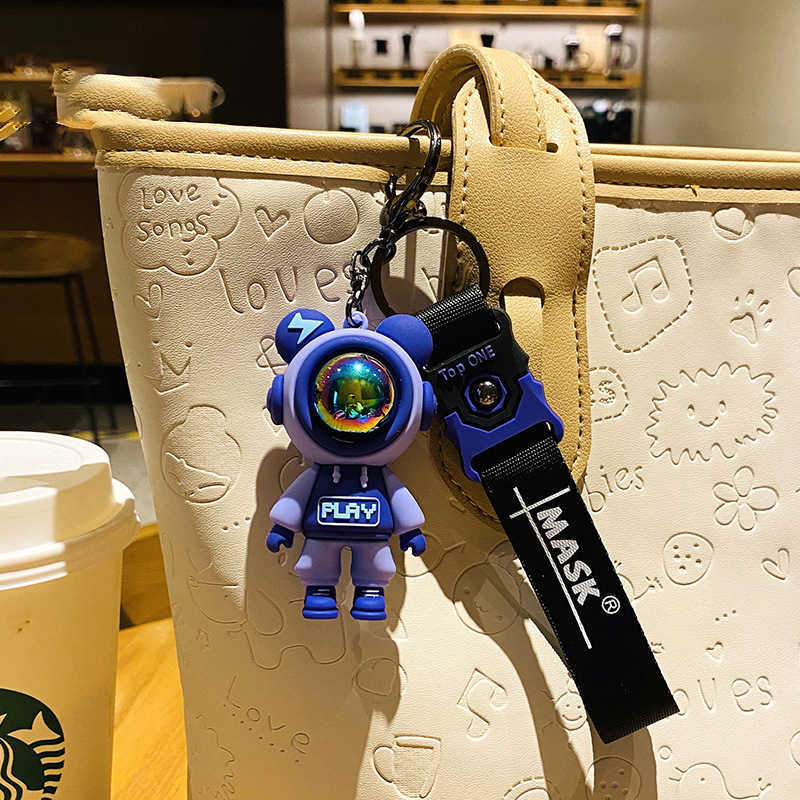 Cartoon Play Lightning Bear Keychain Cute PVC Astronaut Bear Doll Keyring Bag Pendant Couple Car Keyholder Creative Accessories G1019