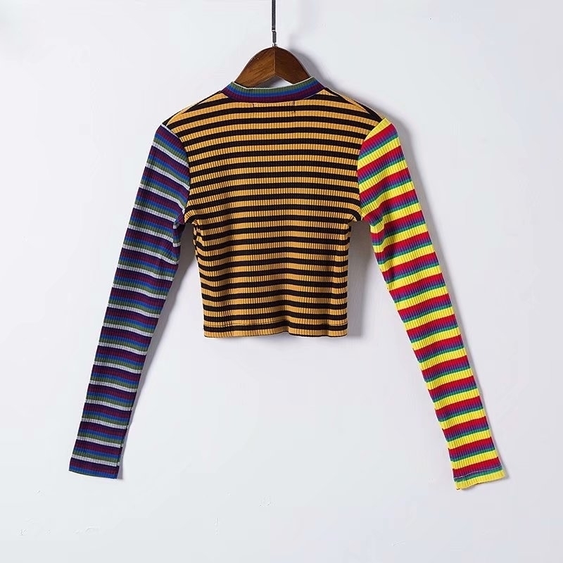 Autumn Women Sweaters Striped High Street Crop Tops Thin Knitted Pullovers Women Streetwear Elasticity Knitwear T200319