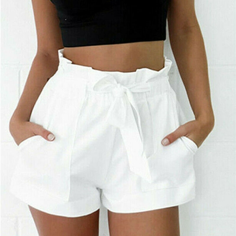 Fashion Women Shorts High Waist Paper Bag Tie Belt Shorts Ladies Summer Shorts Size 6-14 210611