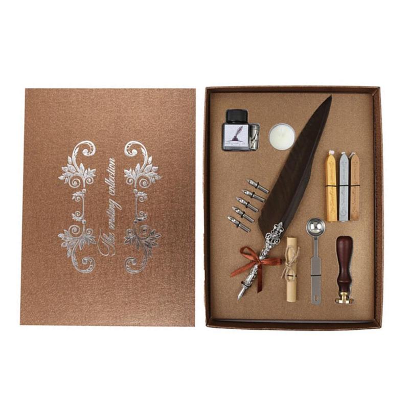 Feather Pen Writing Ink Set with ink bottle+ 5pcs nips + kraft letter paper + Ealing Wax Stamp 3pcs Sealing Wax+Sealing Spoon
Feather Pen Writing Ink Set with ink bottle+ 5pcs nips + kraft letter paper + Ealing Wax Stamp 3pcs Sealing Wax+Sealing Spoon