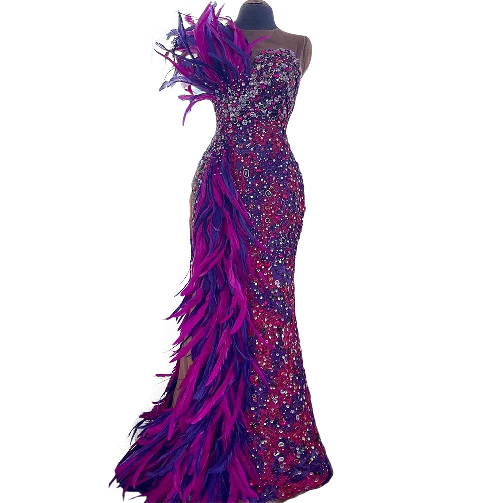 African Colorful Mermaid Prom Dress Beading Ostrich Feather Sweet 15 16 Long Dresses Birthday Party Gowns