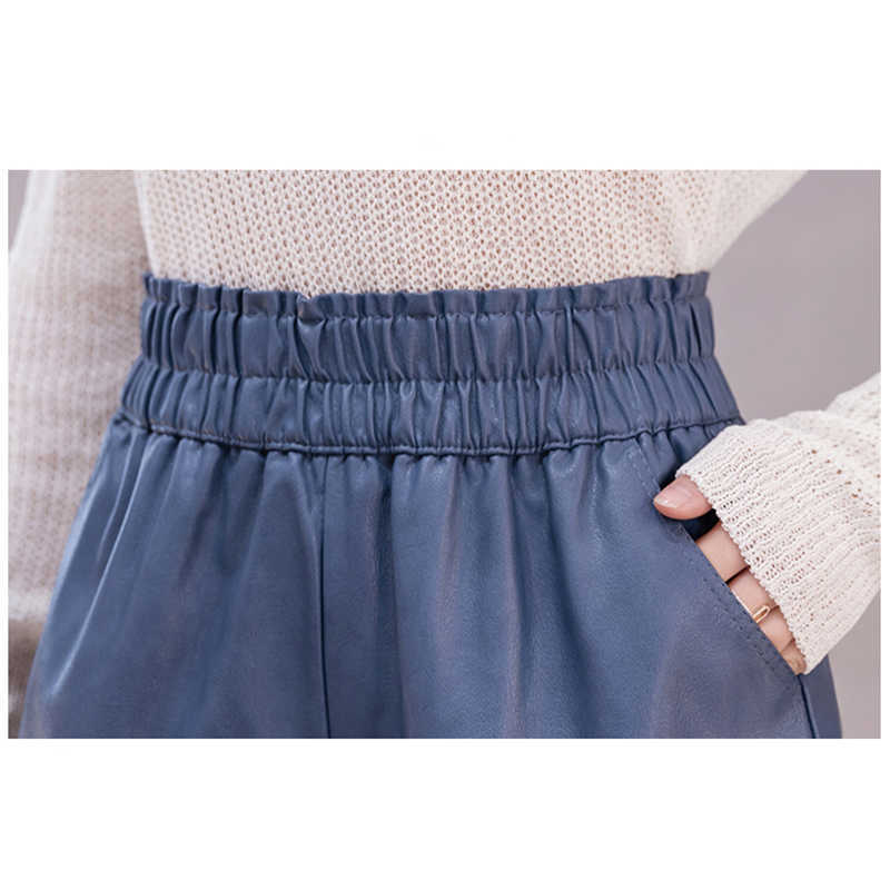 6 Solid Color Elastic Waist High Fall Pu Leather Shorts Women Wide Leg Biker Plus Size Femme Casual Ladies Pocket 210615Z