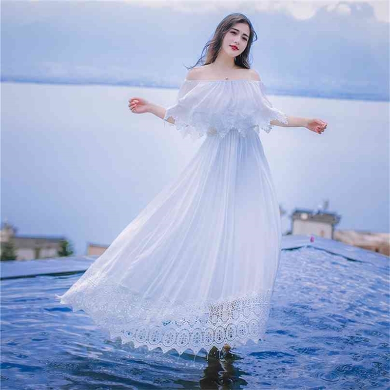 Women Dress Summer Maxi Chiffon Lace Long Butterfly Sleeve for Travel Slash Neck Off The Shoulder Party White 210603
Women Dress Summer Maxi Chiffon Lace Long Butterfly Sleeve for Travel Slash Neck Off The Shoulder Party White 210603