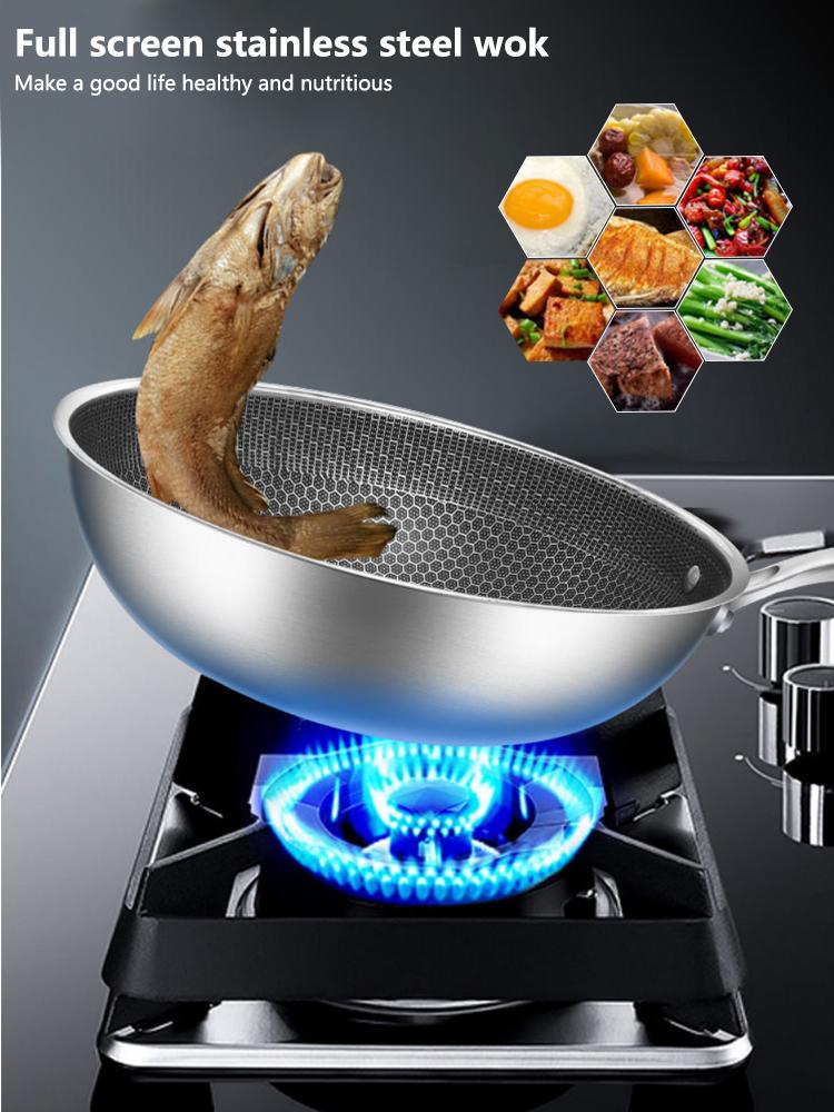 Coated pan Non-stick Wok 304 Stainless Steel woks Fry Pans with handle Cooking kitchen Cookware