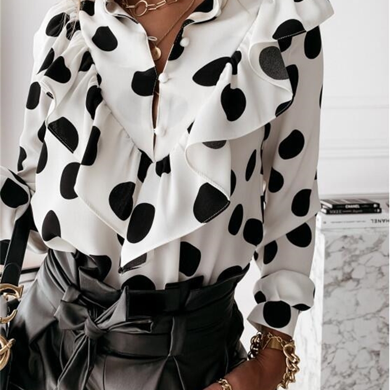 Autumn Women Leopard Print Ruffles Blouses Shirt Long Sleeve Work Shirt Lady Elegant Loose Office Blouses Tops 210225