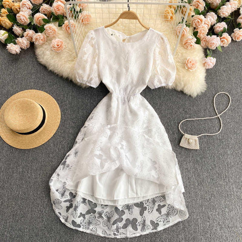 Court Women's Summer Fashion Round Neck Hollow Back High Waist Thin Short Sleeve Princess White A-line Dress Vestidos S661 210527