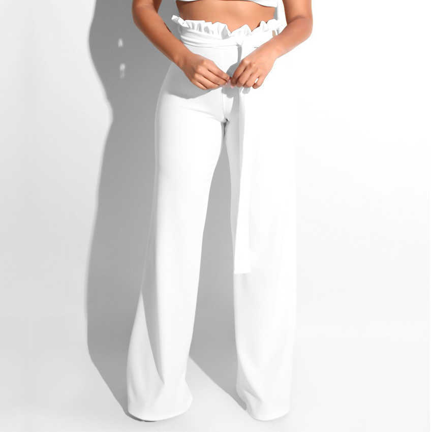 Plazson Autumn Winter Women Belted Palazzo Pants Loose Long Pant High Waist Wide Leg Trousers Streetwear Pantalones 211115