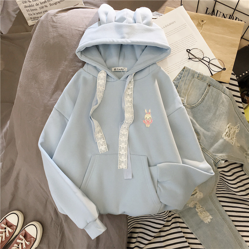 Women Winter Hoody Sweatshirt Embroidery Kawaii Dancing Rabbit Harajuku Lady Pullover Loose Student Wild Long Sleeve Female Tops 201212