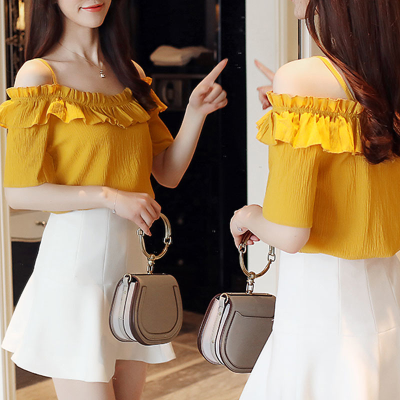 And Ladies Tops Sexy Slash Neck Women's Clothes Short Chiffon White Blouse Shirt Women D825 30 210308
