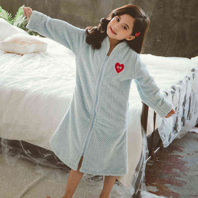 Girl Autumn Winter Long Warm Flannel Bathrobe for Girls Cozy Bath Robe Zipper Night Dressing Gown Kids Sleepwear Size 6 8 10 12Y 211130