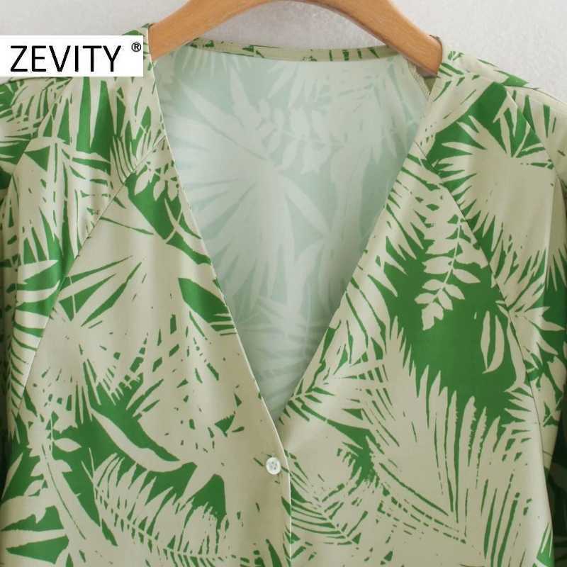 ZEVITY women vintage v neck leaves print casual smock blouse shirt women long sleeve breasted chic femininas blusas tops LS7246 210603