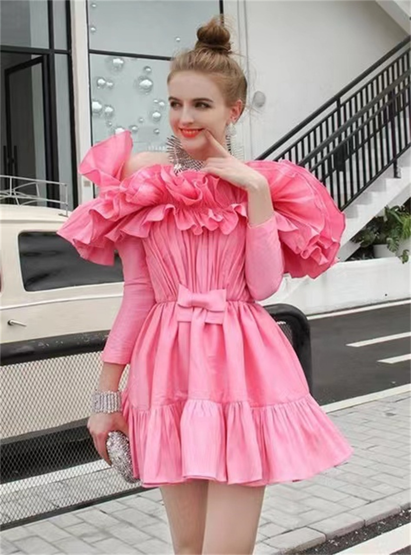 Princess Rose Red Cocktail Evening Dresses Off Shoulder Long Sleeves Mini Above Knee Length Ruffles Party Gowns Women Prom Dress Bow Graceful Robe De 