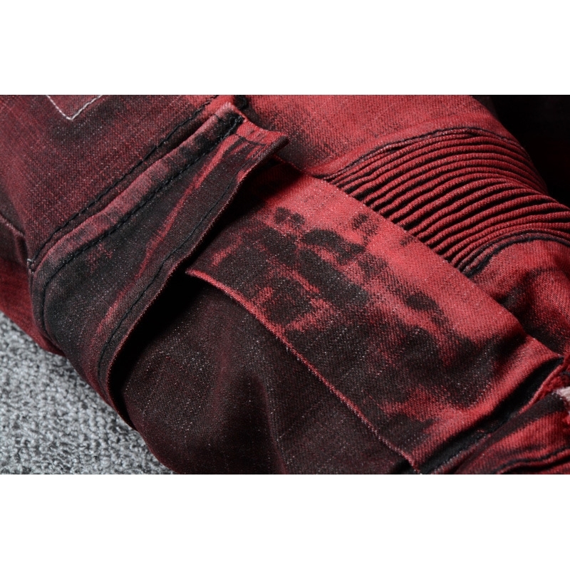 Fashion Streetwear Men Jeans Red Color Slim Fit Elastic Spliced Ripped Jeans Men Big Pocket Denim Cargo Pants Biker Jeans homme T200614