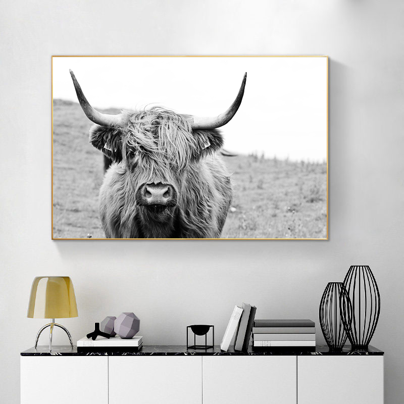 Black and White Highland Cow Canvas Painting Prints and Posters Wild Animals Cattle Canvas Paintings for Living Room Decor