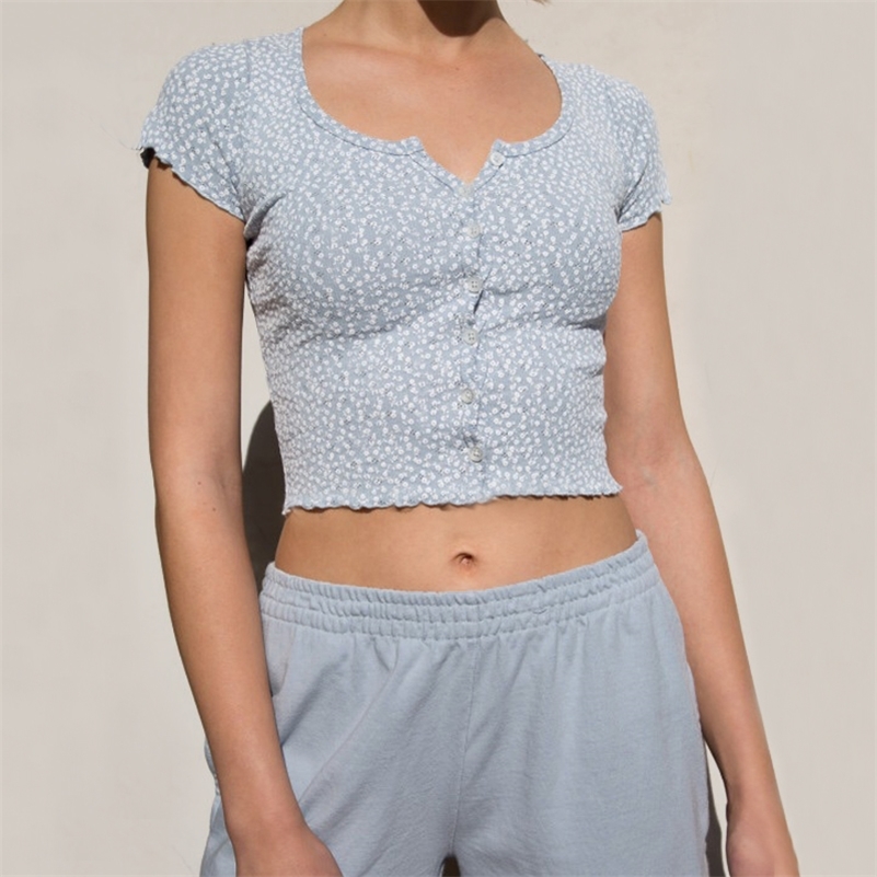 Women Scoop Neck Button down Floral Print Crop Tee Short Sleeve Floral Printed Crop Top 210306