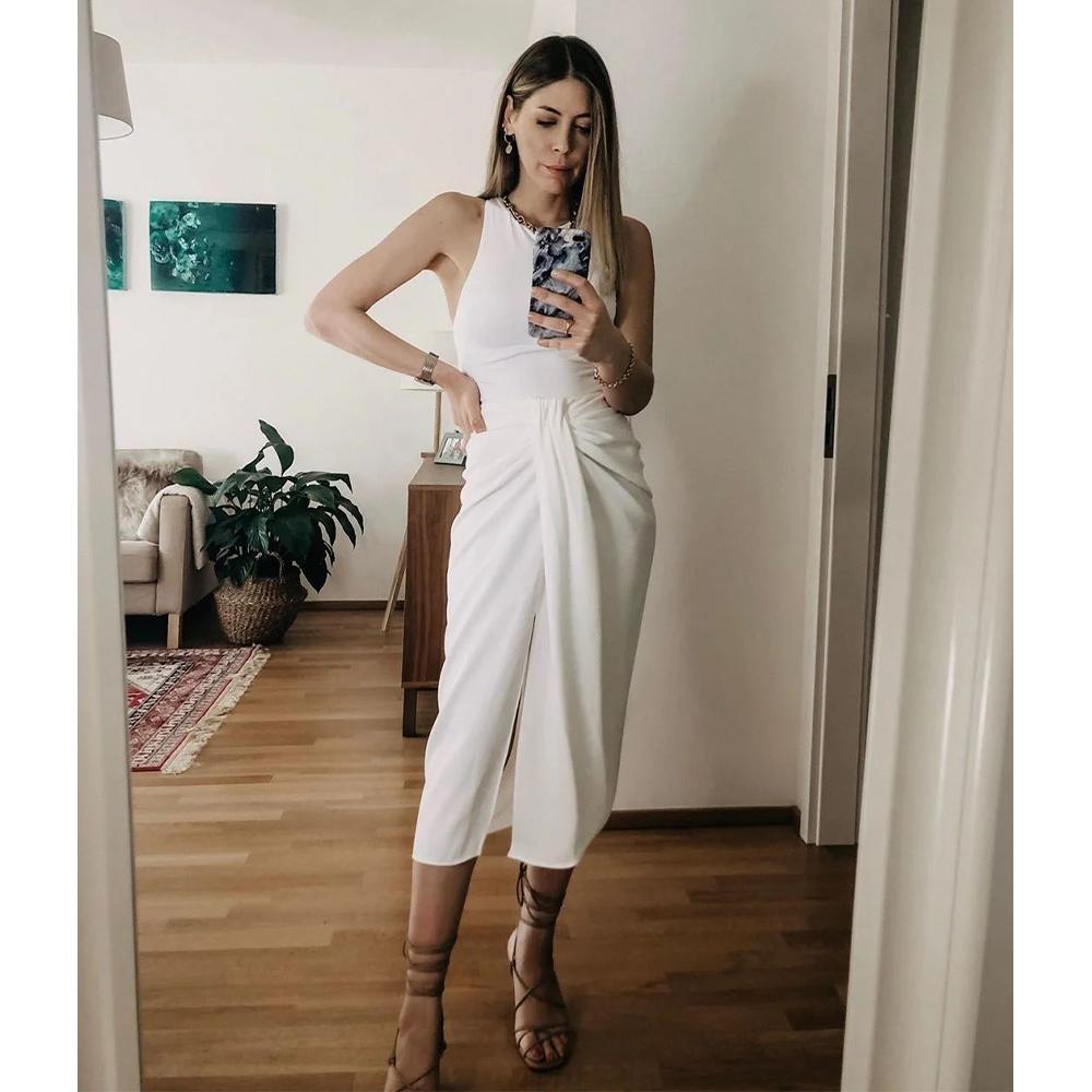 Women White slit Skirt draped Highwaist midi elegant High Street casual Women skirts ropa mujer falda 210306