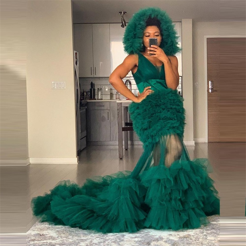 Modern Puffy Bride Sleepwear Robes With Hat Soft Tiered Tulle Sexy V Neck Long Sleeve Custom Made Women Sleepwear Pajamas