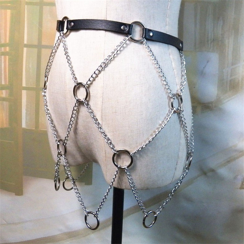 Women Faux Leather Link Chains Mini Skirts Goth Punk Metal O Rings Hollow Out Skirts Adjustable Party Club Festival Rave Skirt 210306