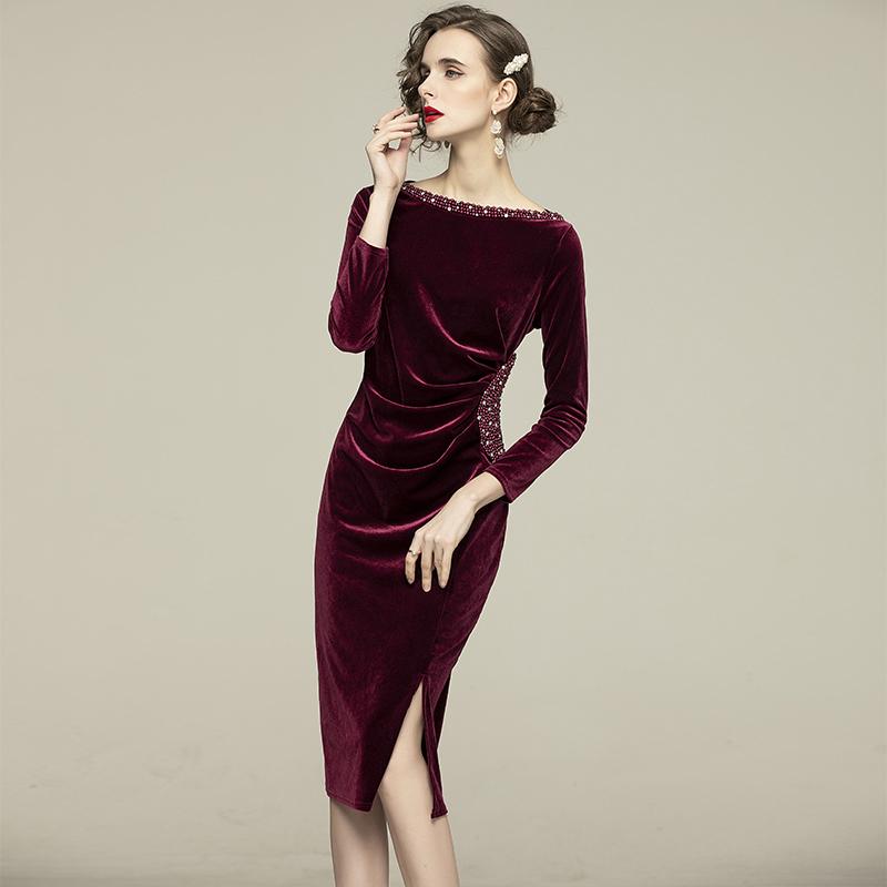 Casual Dresses JSXDHK High Quality Spring Women Sheath Party Dress Elegant Beading Diamonds Velvet O Neck Bodycon Split Knee Vestidos