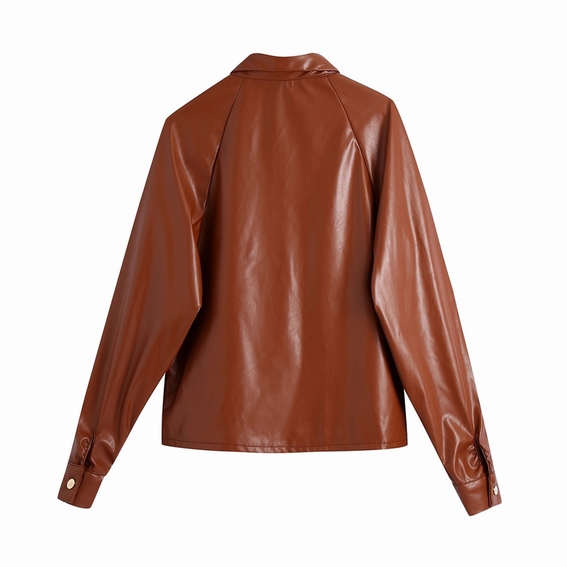 Women Pu Leather Shirt Autumn Fashion Brown Color Modern Lady Casual Top 210602