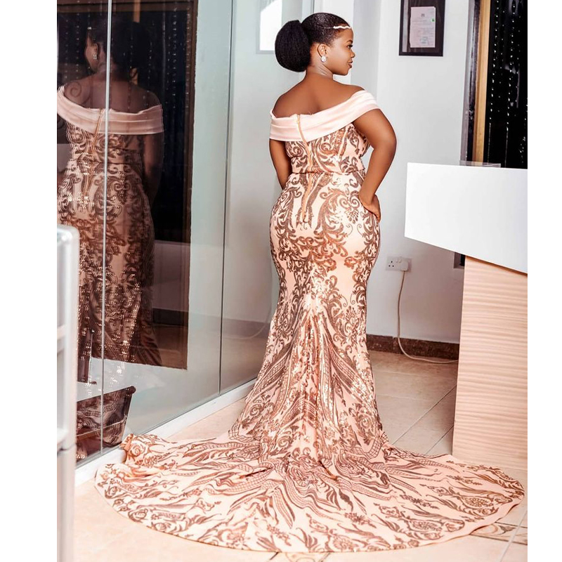 Sparkly Gold Sequins Mermaid Evening Dresses Court Train 2021 Off Shoulder African Women Formal Evening Gown Plus Size Prom Party Dress