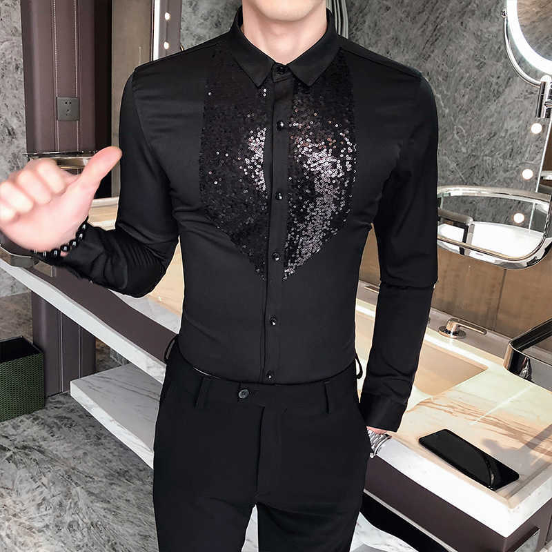 White Black Tuxedo Shirt Men Sequins Patch Solid Long Sleeve Dress Slim Fit Shirts Stage Wedding Prom Gentleman Blouse Male 210730