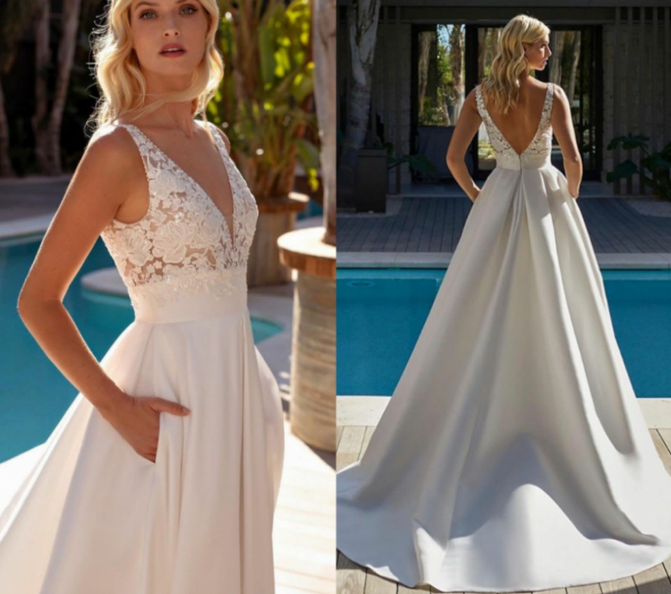 2022 Simple Satin Lace Wedding Dress With Pockets V Neck A Line Boho Bridal Gown Custom Made Sexy Backless Robe De Mariee