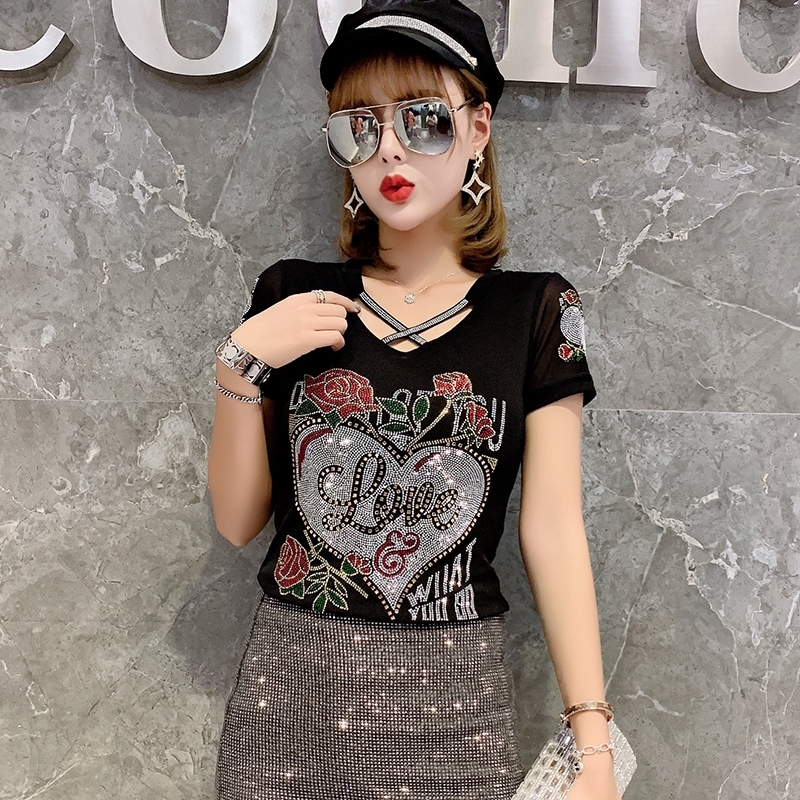 Summer Fashion Korean Clothes T-shirt Sexy Hollow Out Diamonds Letter Rose Women Tops Ropa Mujer Patchwork Mesh Tees T06633 210306