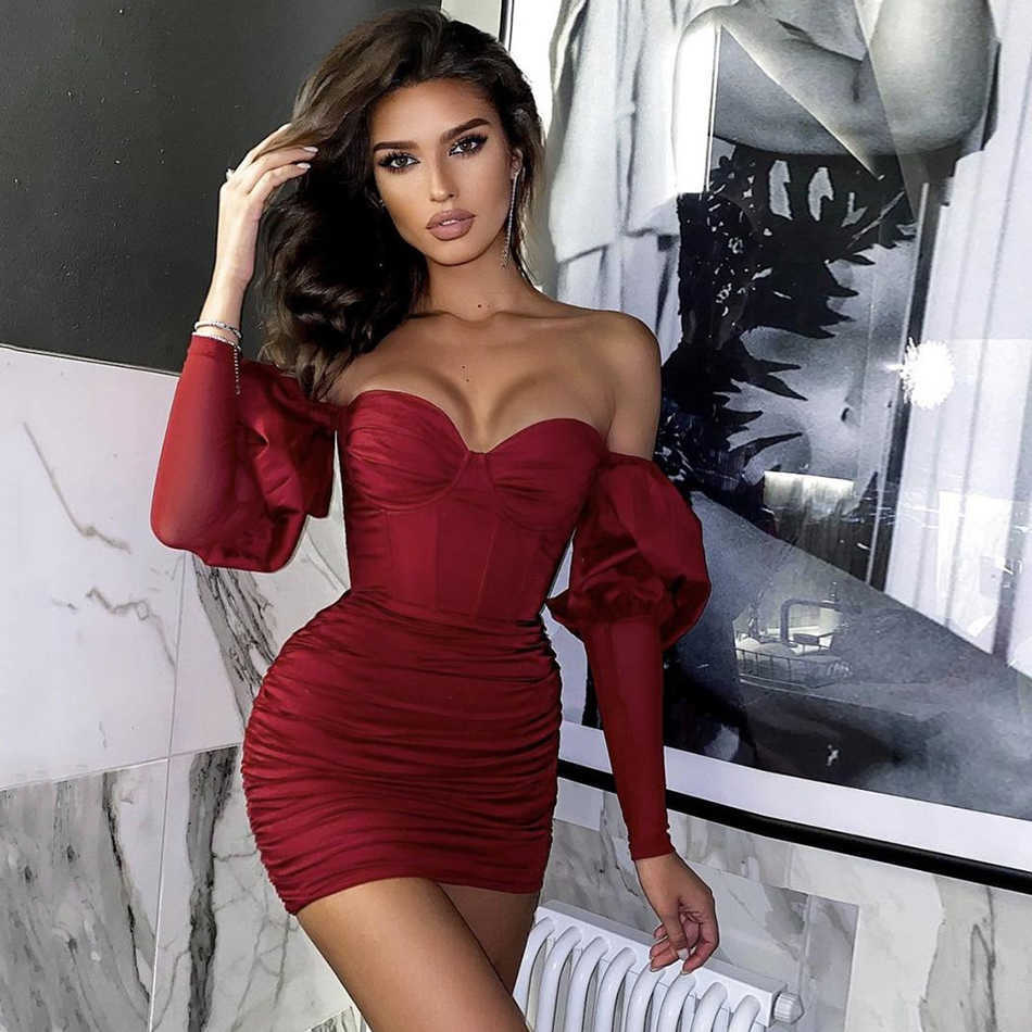 Summer Fashion Women's Red Skinny Strapless Folded Puff Sleeve No Bandage Dress Mini Sexy Celebrity Party 210527
