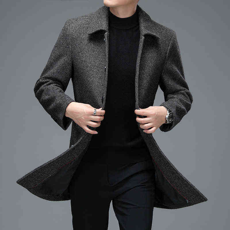 High Quality Mens Winter Jackets and Coats Business Casual Woolen Jackets Coats Long Overcoat Men Turn Down Collar Wool Blends 211122