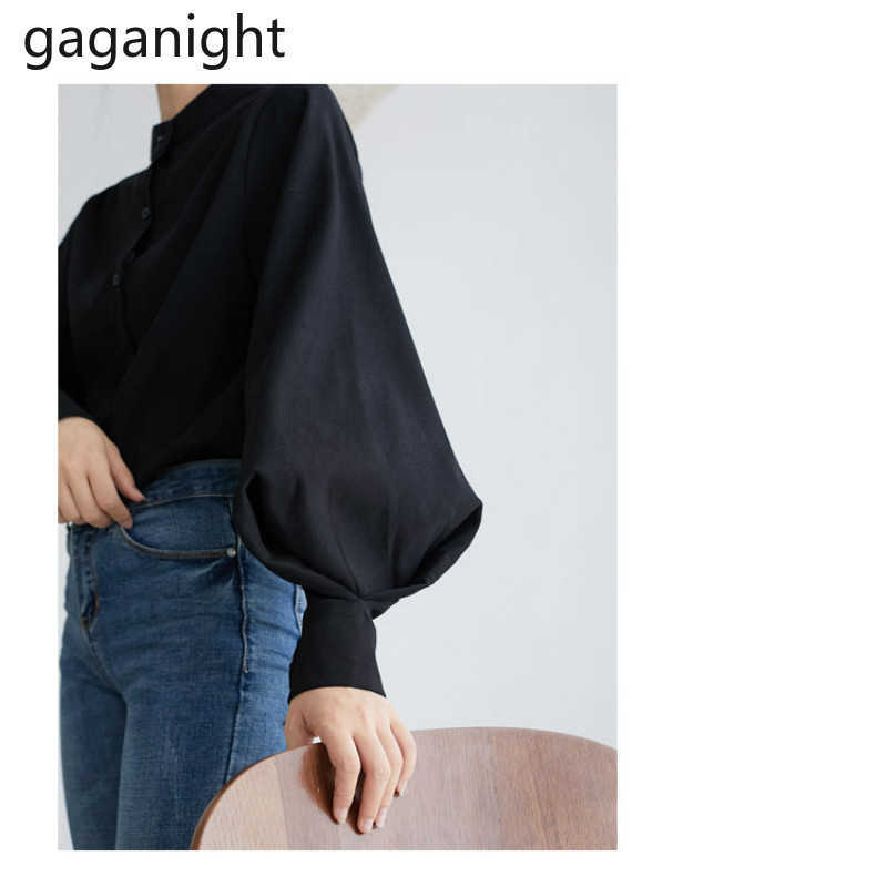 Korean Fashion Top Women Stand Long Lantern Sleeve Shirts Single Row Multi Button Black Ladies Blouse Spring 210601