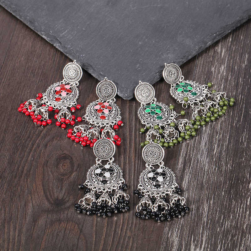 earring ethnic style metal hollow out crcent shaped three bell totem pattern rice bead earrings and earrings, Golden 
earring ethnic style metal hollow out crcent shaped three bell totem pattern rice bead earrings and earrings, Golden