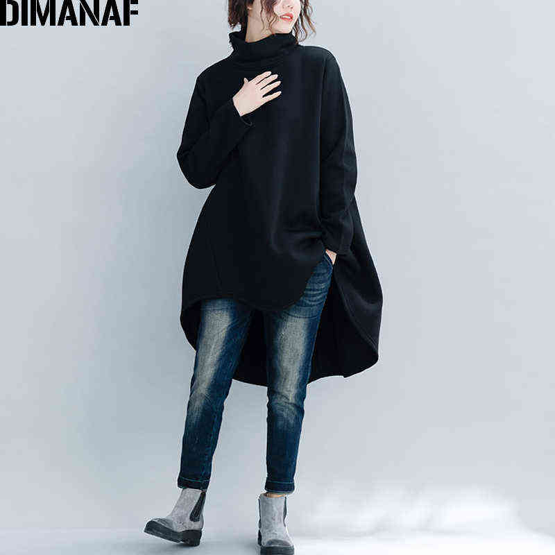 DIMANAF Autumn Winter Pullover Women Clothing Warm Hoodies Sweatshirts Loose Cotton Knitted Thicken Tops Turtleneck Red Black 211109