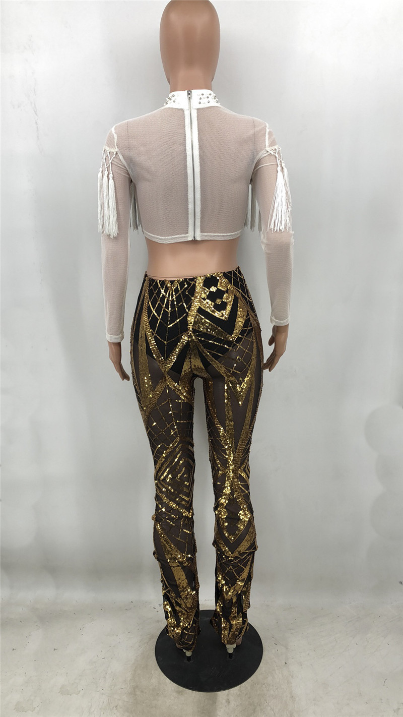 Adogirl Top Grade Sequins Sheer Mesh Pleated Trousers Women Sexy Pants with Panties High Wast Fashion Night Club Party Outfits T200606