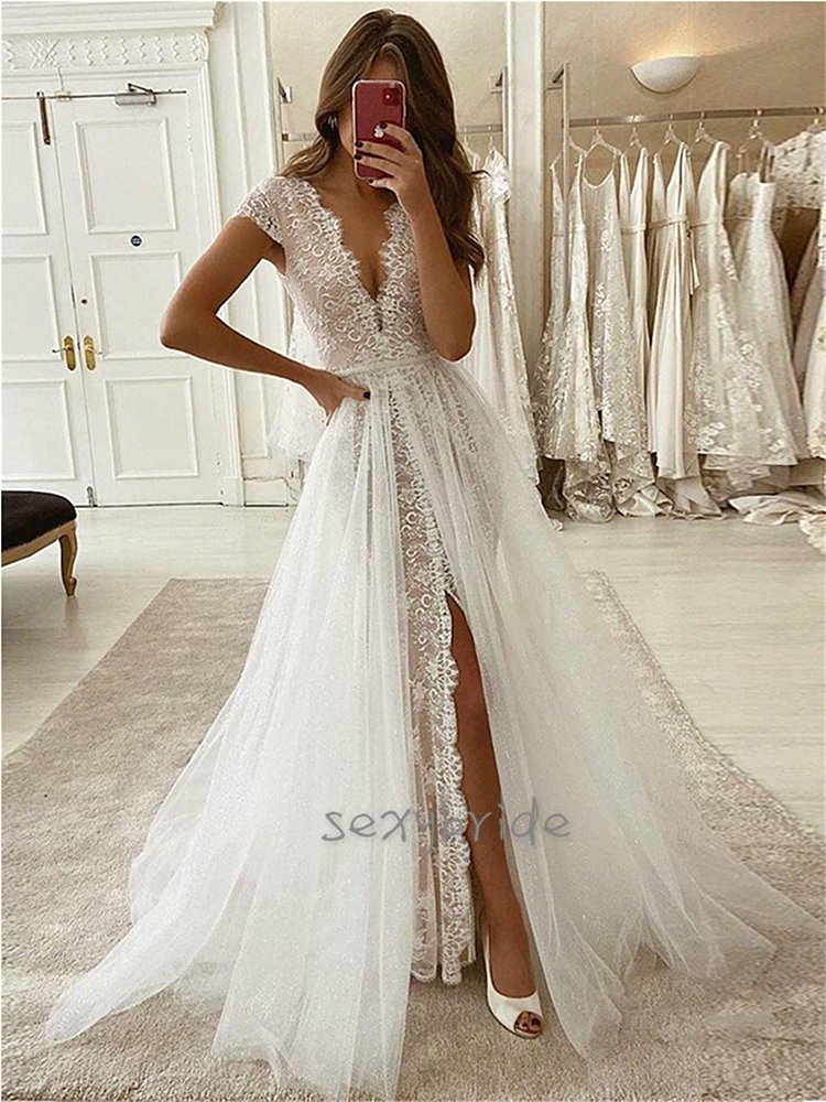 Sexy High Split Deep V-Neck Dresses with Overskirt A e Boho Beach Lace Tulle Bridal Gowns Country Wedding Dress Vestidos