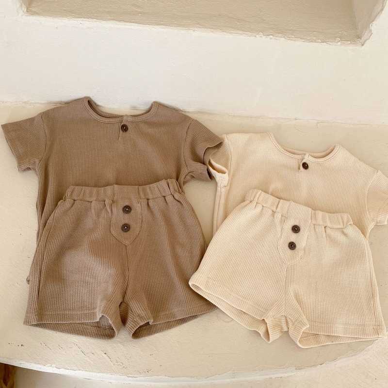 Summer children cotton loose clothes sets boys girls solid color short sleeve and shorts 2pcs suits 210615