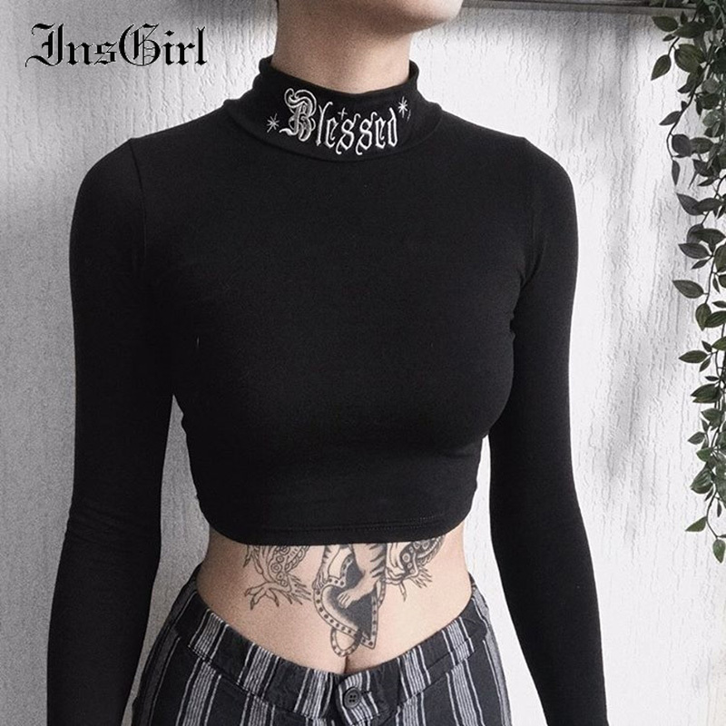 InsGirl Dark Goth T-shirt Women Blessed Letter Embroidered Turtleneck Slim Tumblr Clothes Y2K E-girl Punk Street Bottom Top Tees 210302