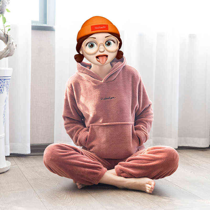 Warm Flannel Pajamas for Women Pyjama Sets Autumn Winter Pijamas Casual Homewear Suit Hooded Top Trousers Two Piece set 211215