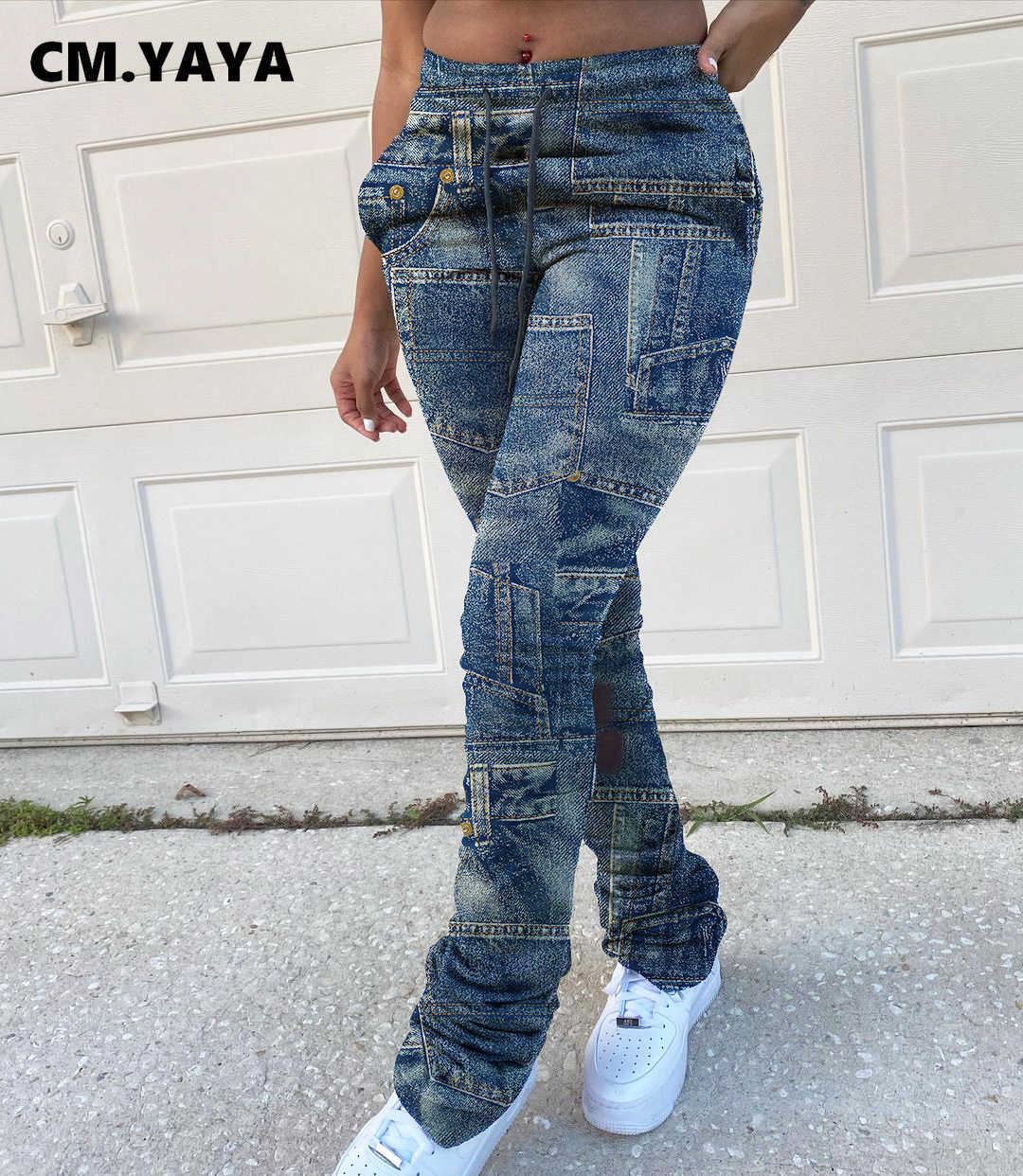 CM.YAYA Jeans Print Women Pants Legging High Waist Flare Bell Bottom Ruched Stack Trousers Draped Jogger Sweatpants 211007